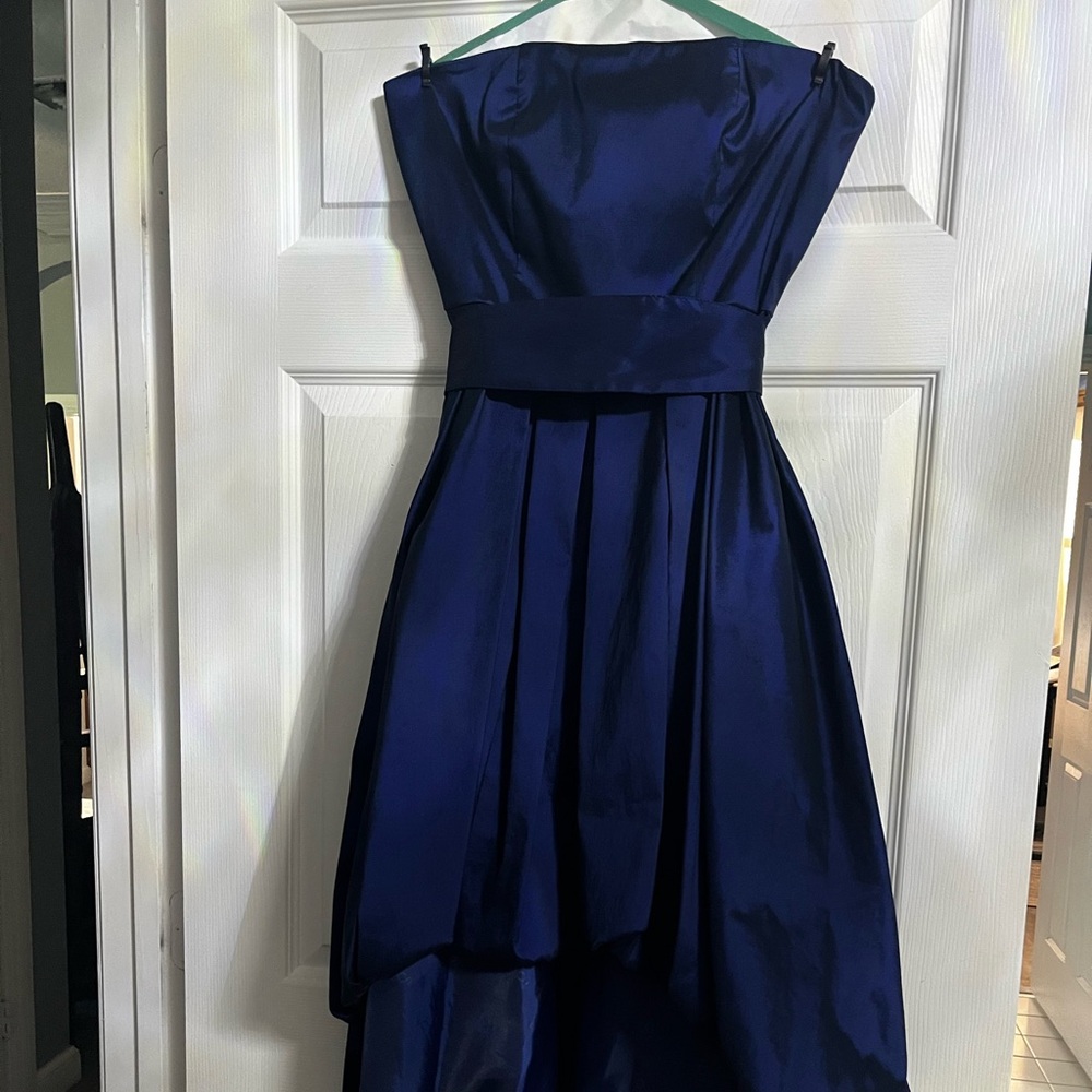 Blue taffeta strapless high low dress with belt